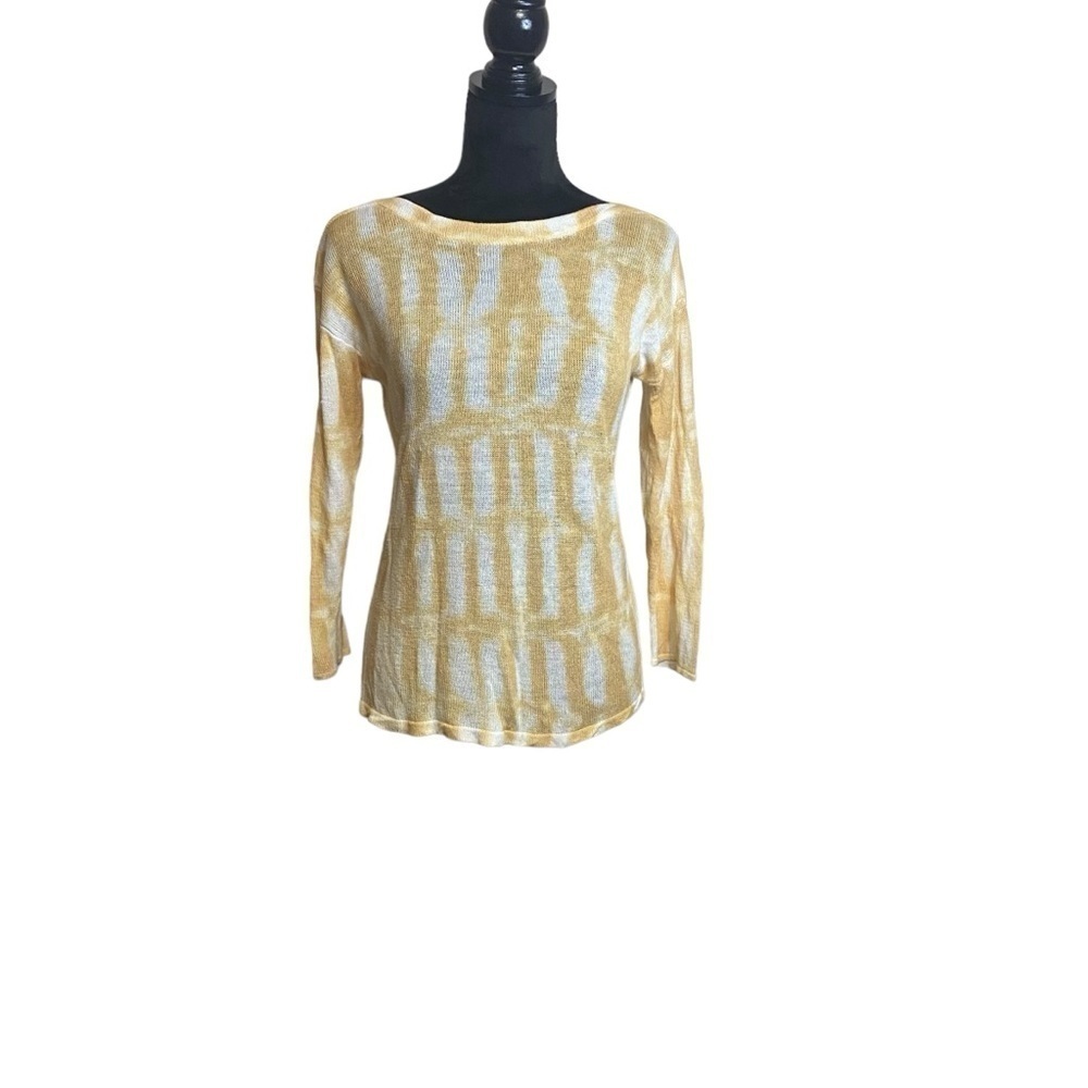 Chico’s Ladies Sweater, Mustard Yellow And White Size 1 ( 8-10) Linen Rayon - Picture 3 of 13